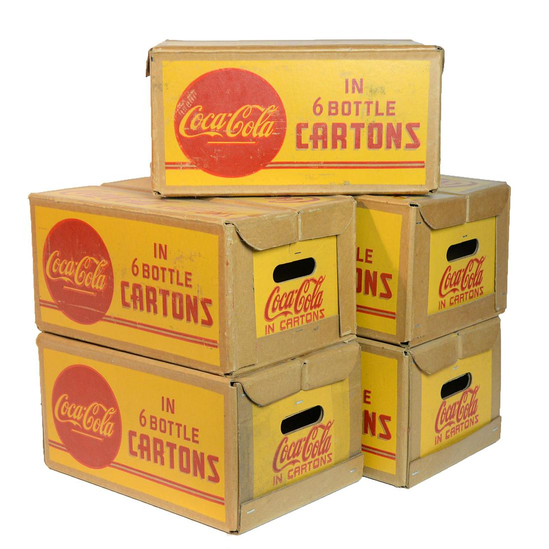 Five Coca-Cola Crates: Heavy card stock lithographed in red and yellow with text rading: Coca-Cola In 6 Bottle Cartons, on four sides and lid, 16 x 10 1/2 x 8 1/4" high. Condition very minor scuffing, Fine to Very Good.