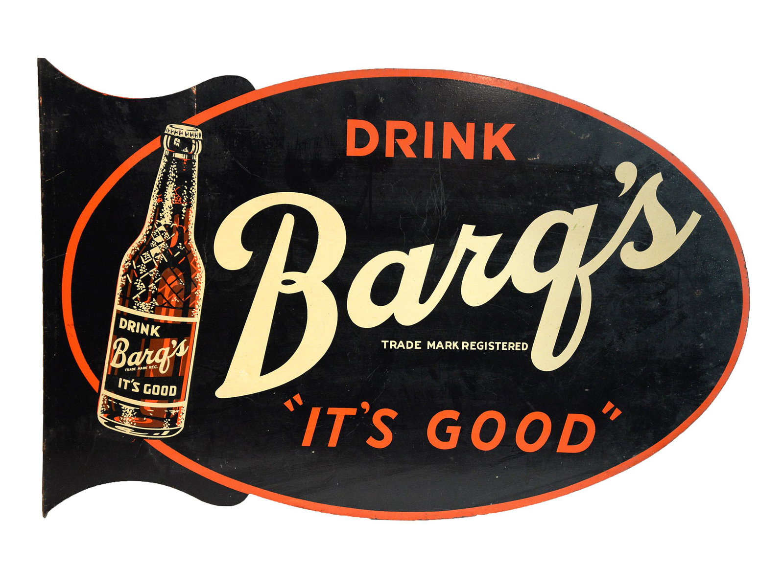 Barq's Root Beer Flange Sign: Wall mount bracket type, double sided chromolithographed steel with illustration of bottle to right and text reading: Drink Barq's Trade Mark Registered It's Good, marked on back of bracket Donaldson 