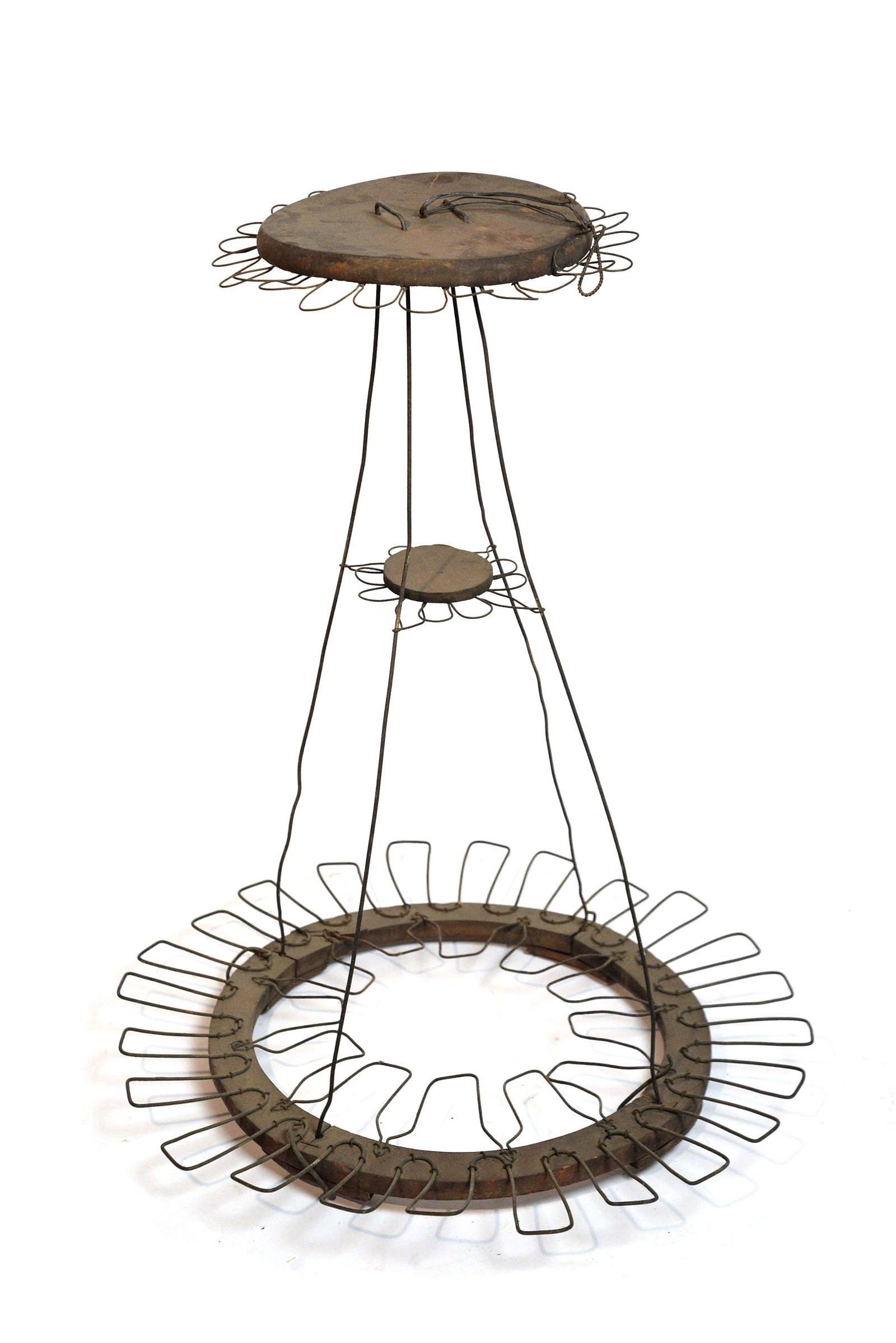 Wood & Wire Broom & Brush Holder: Three tiered made to either hang from ceiling or stand on floor, 25" diameter x 29" high, less hanging wire. Condition minor bent wires, else Fine.