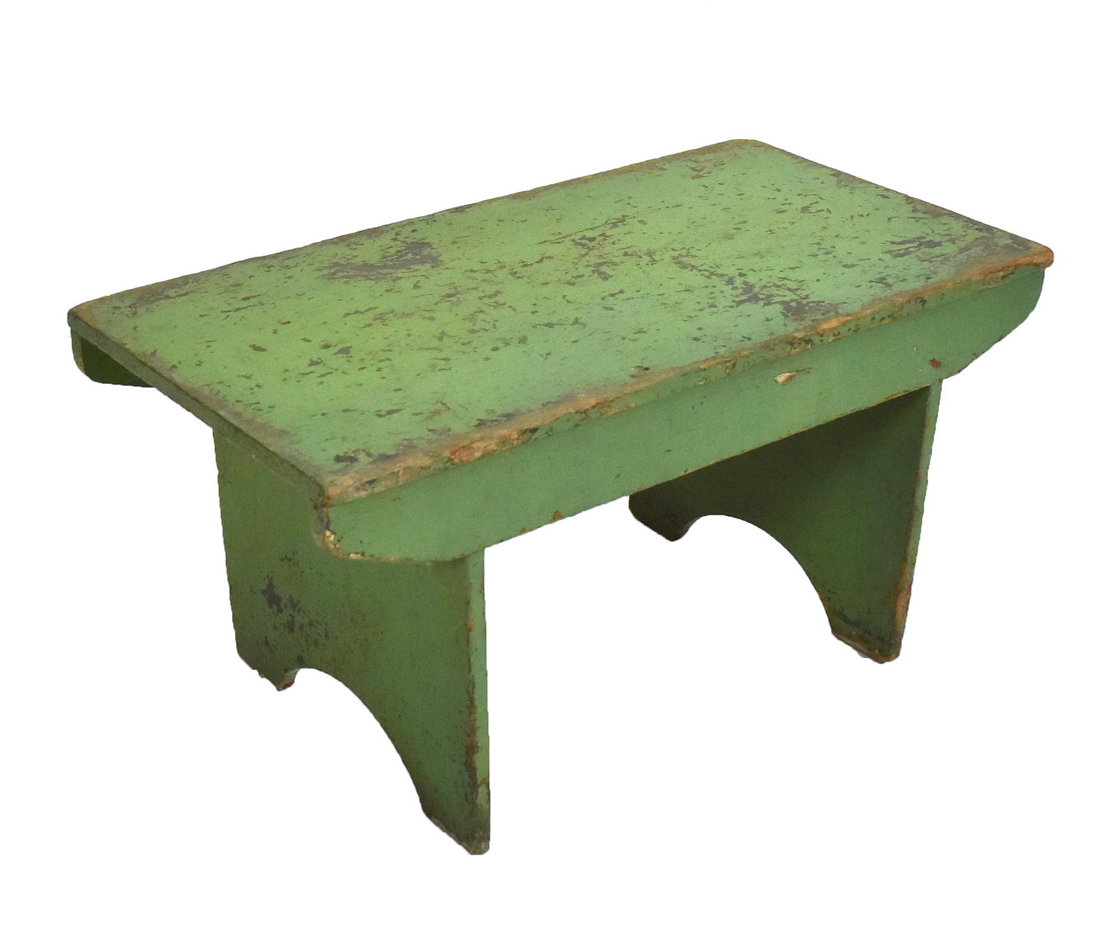 Painted Bucket Bench: 19th century in white pine in original green painted finish with cut-out ends and skirts, 14 x 27 x 14" high. Condition paint circa 85%, Fine.