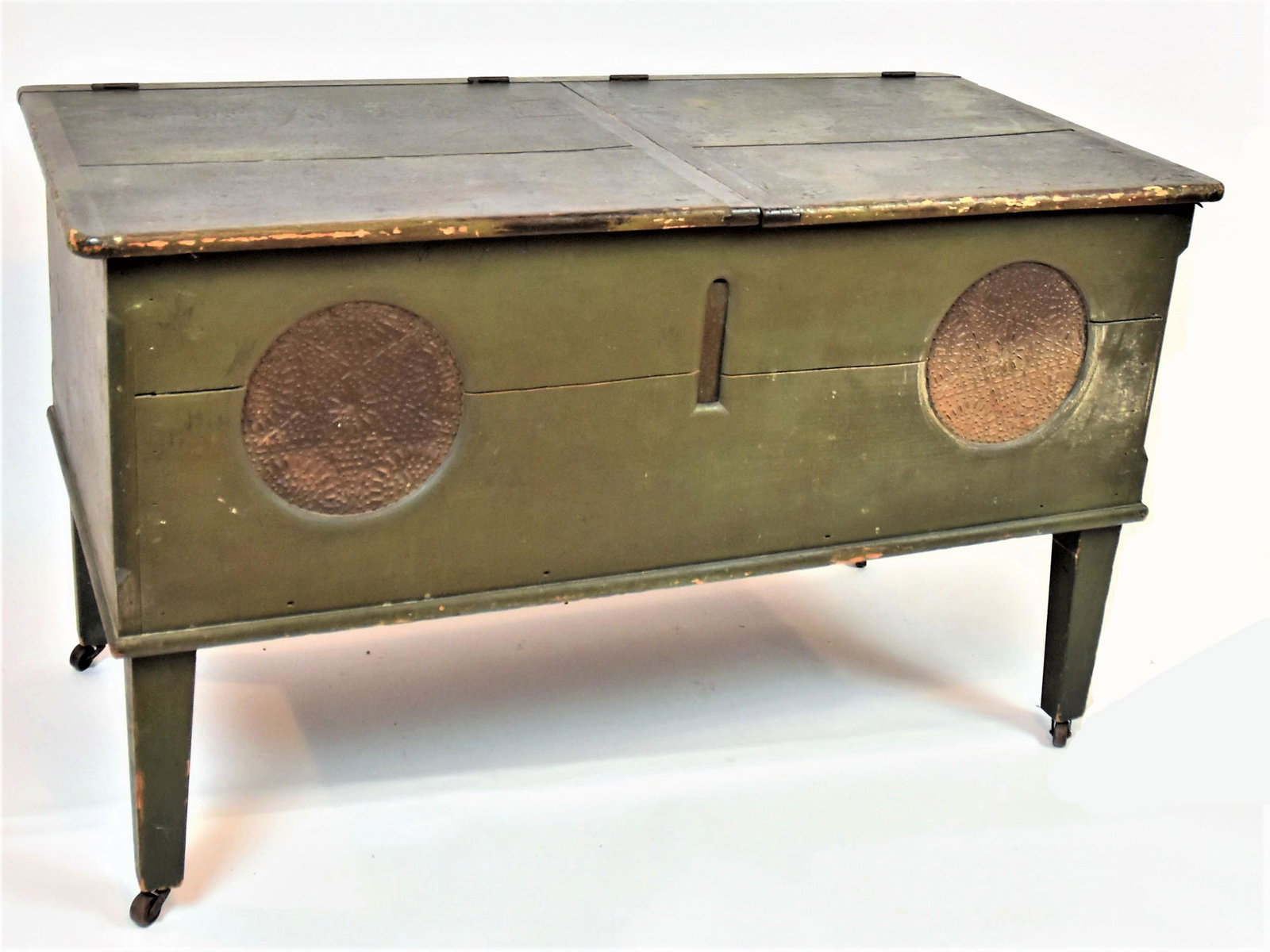 Early Hepplewhite Pie Chest With Old Paint: Circa 1820-30 and appears to be poplar in original dark green painted finish, double lift lids with bread board ends, all four corners with canted corners, and lambs tongue terminals; front having two