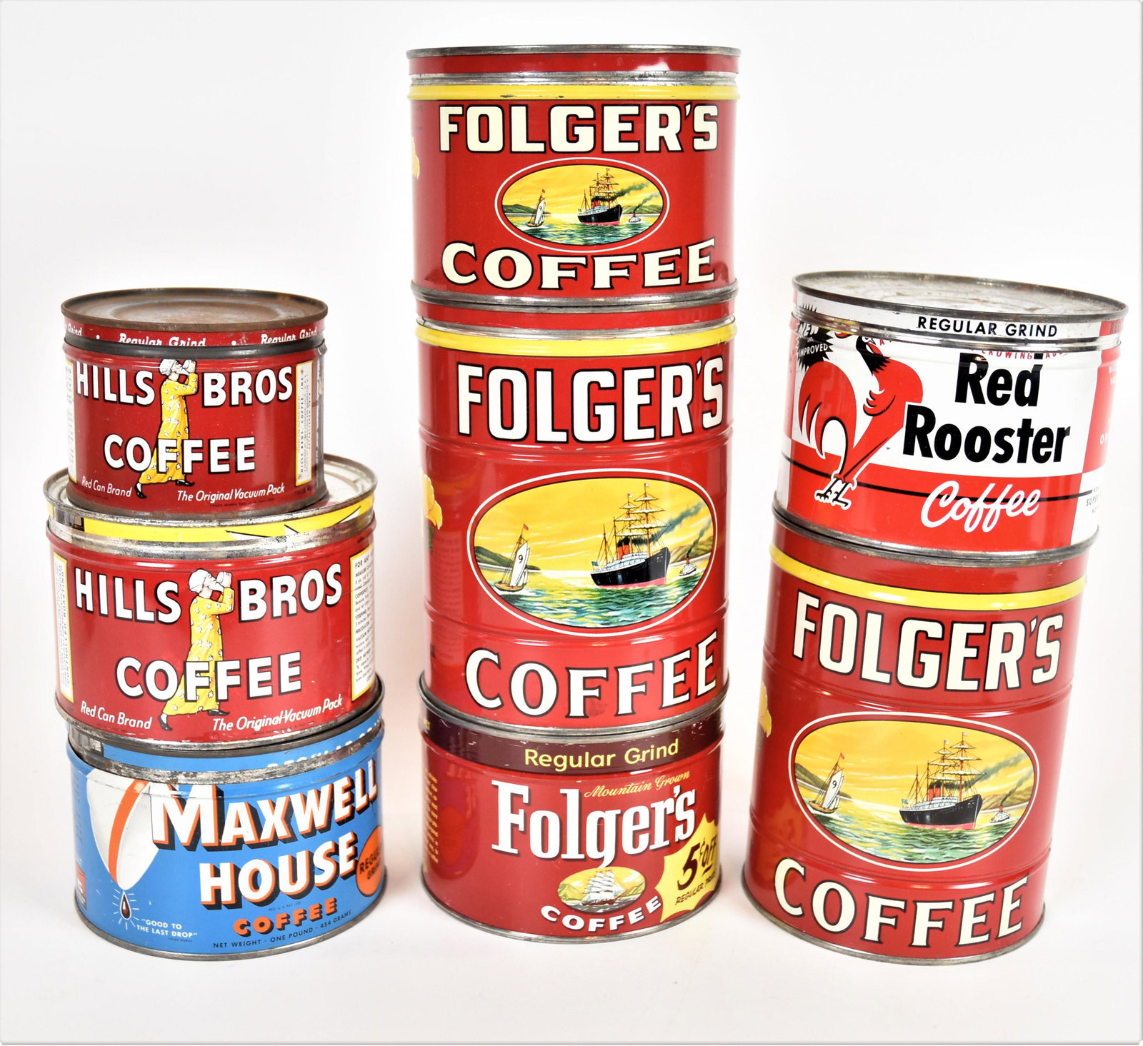 Eight Coffee Tins: All chromolithographed tin including unopened 2 lbs Folger's Golden Gate Brand with double sided illustration of early steam & sail ship, 5" diameter x 6 1/2" high; plus opened tin of same; plus unope