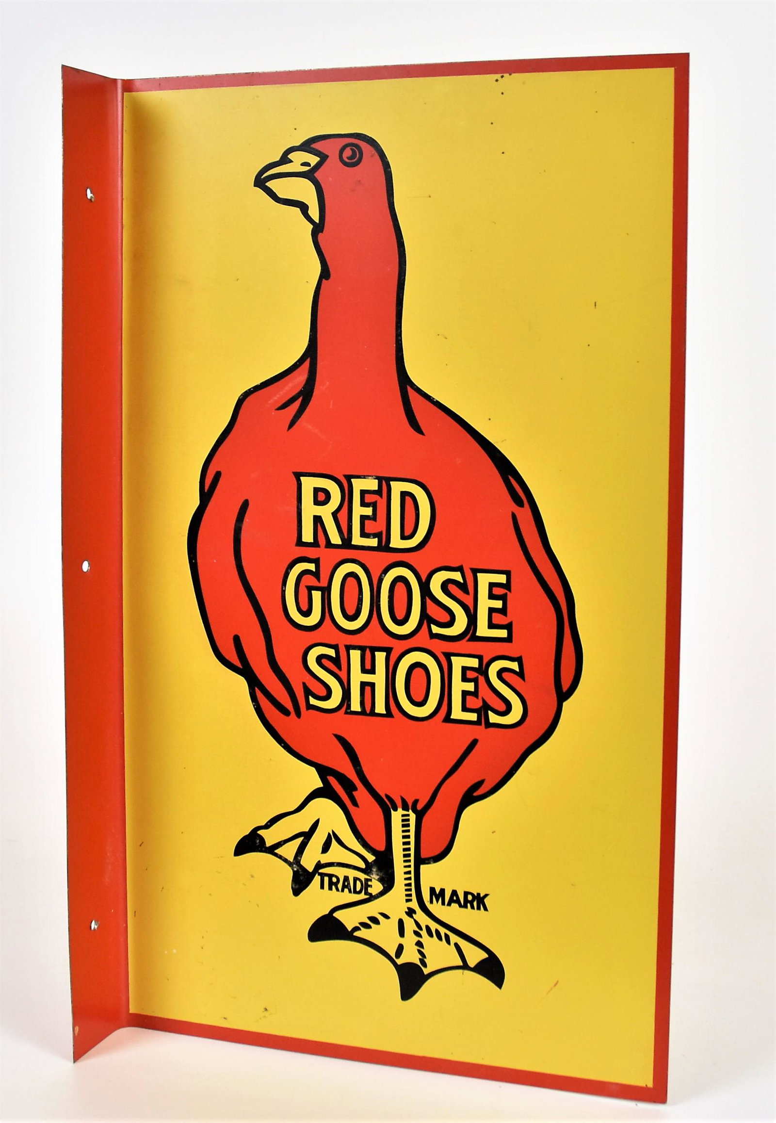 Red Goose Shoes Flang Side: Double sided chromolithographed steel with standing goose on yellow ground, 9 1/2 x 16" high. Condition paint near mint.