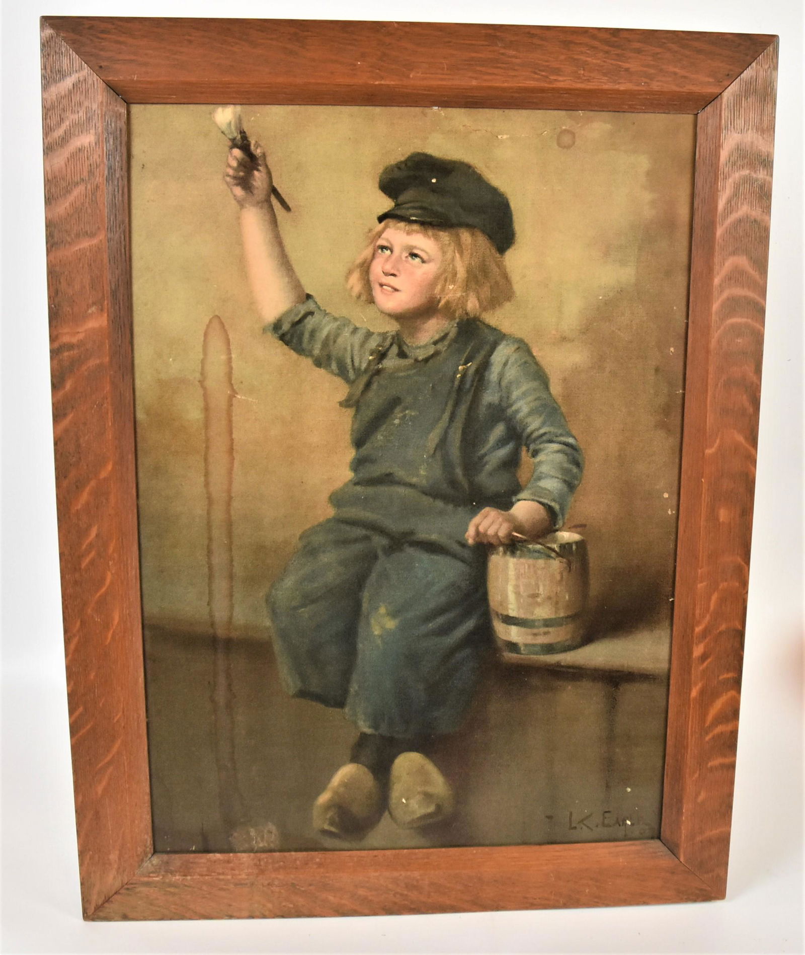 Dutch Boy Chromolithograph: On heavy card stock in original ok frame, 22 3/4 x 30" high. Condition damp stain and crack in upper margin, still Very Good.