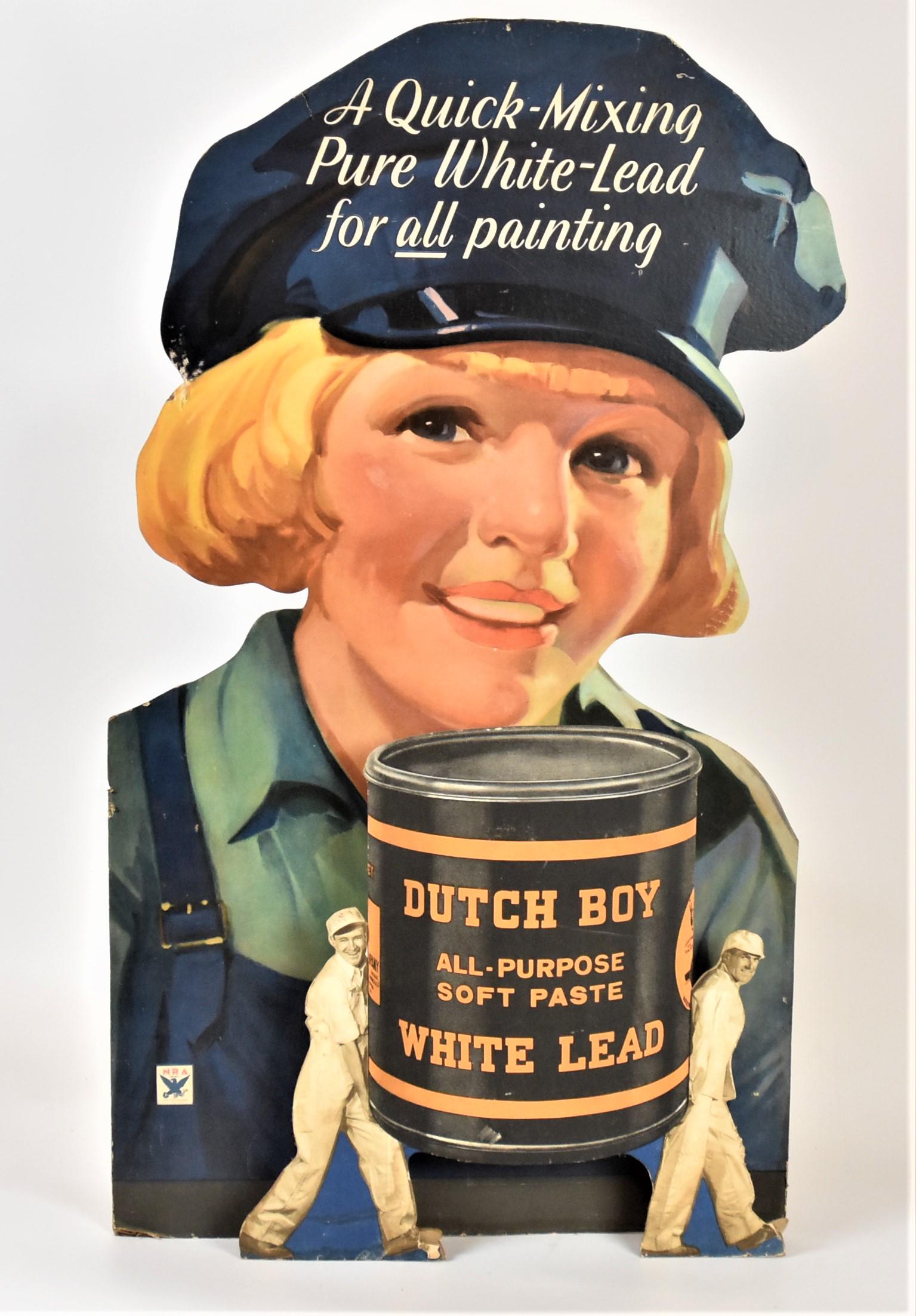 Dutch Boy Card Stock Display: Chromolithographed heavy card stock upper half of Dutch Boy with paint can being carried by two white suited men, text on cap reading: A Quick-Mixing Pure White-Lead for all painting, NRA seal with ea