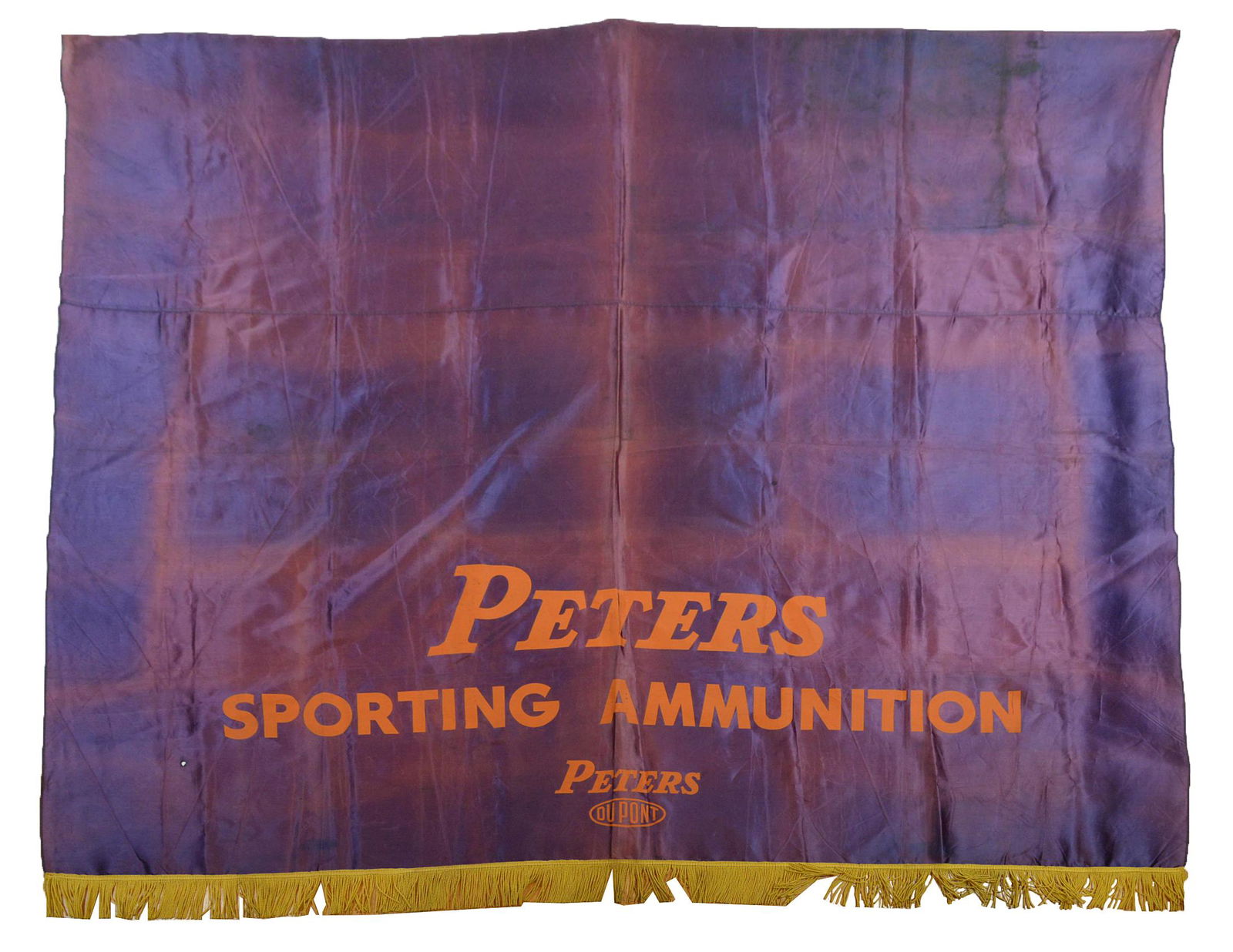 Large Peters Silk Banner,: Purple ground with Peters/Sporting Ammunition/Peters/over Du Pont logo, with gold fringe along bottom, 68 x 64" high. Condition Fine.