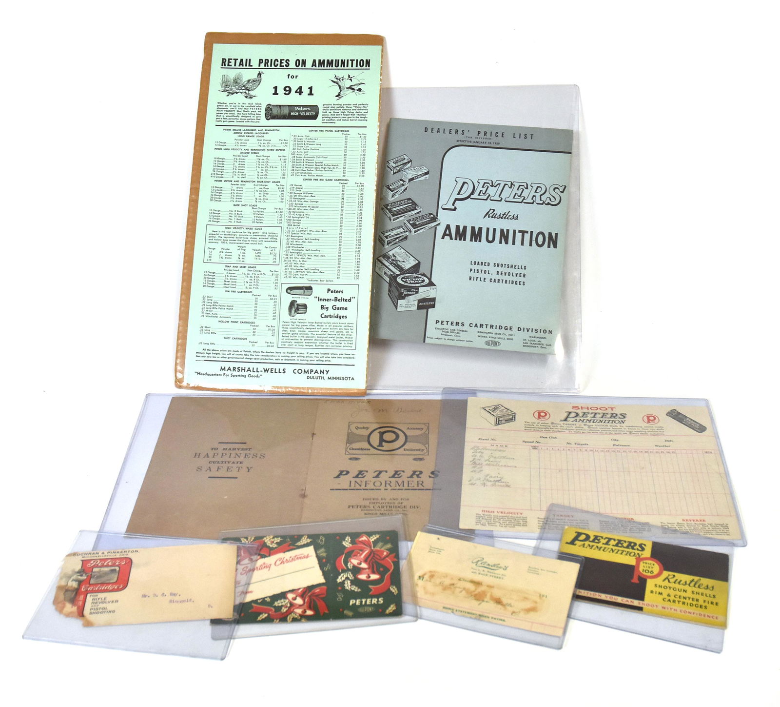 Kings Powder Paper Ephemera: Lot of eight, including a chromolithographed card stock sleeve for placing over box of shells with Christmas decorations and Peters Dupont and address label with: A Sporting Christmas/To/From, 4 ¼ x