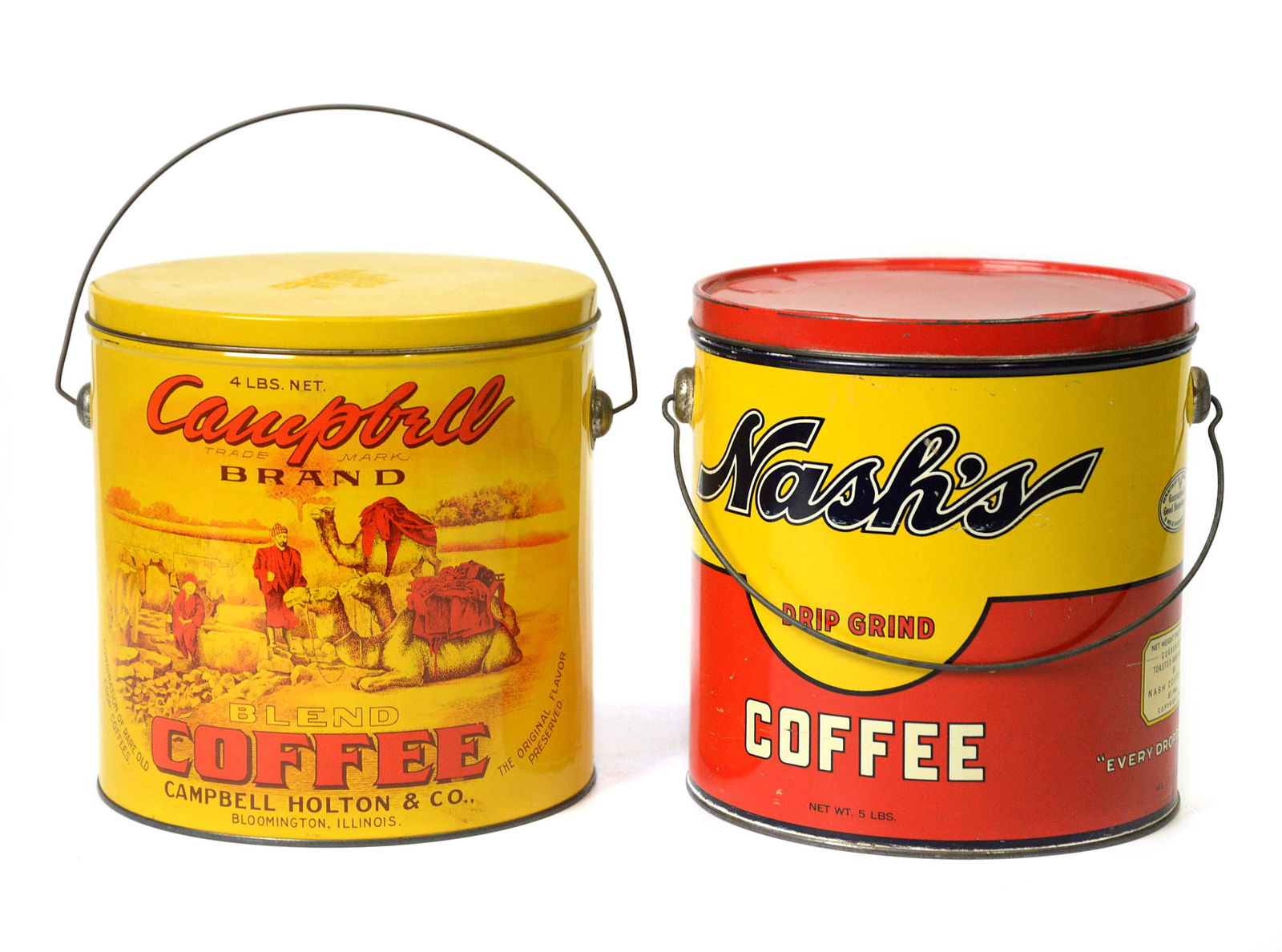 Campbell & Nash’s Coffee Cans: Both double sided chromolithographed tin with friction fitted lids and wire swing bale handles, 7 ¾ x 8” high and 7 ½ x 8” high. Condition 1st near mint; 2nd paint 98% Fine.
