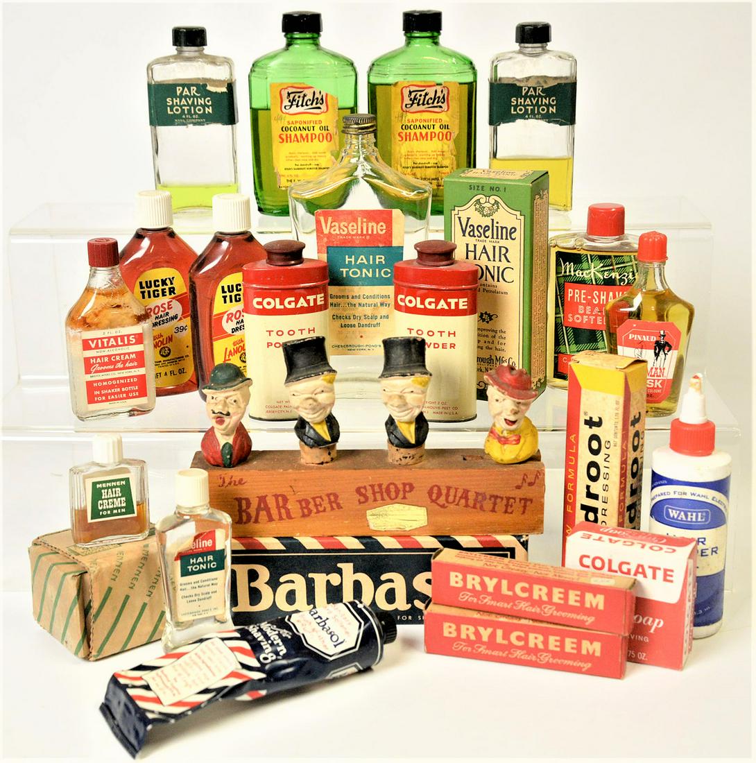 Barber Shop Tonics Plus: Lot of 23 including 12 bottles of tonics & lotions; product names include Par Shaving Lotion (2); plus Fitch’s Shampoo (2); Plus Lucky Tiger Rose Hair Dressing (2); pls MacKenzie Pre-Shave Beard