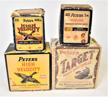 Four Boxes of Peters Shotgun Shells: All chromolithographed card stock including one scarce box with bob white quail in flight illustrated with Target Paper Shot Shells 25 12 ga., 4 &#188;&#8221; square x 2 &#189;&#8221; high; plus box o