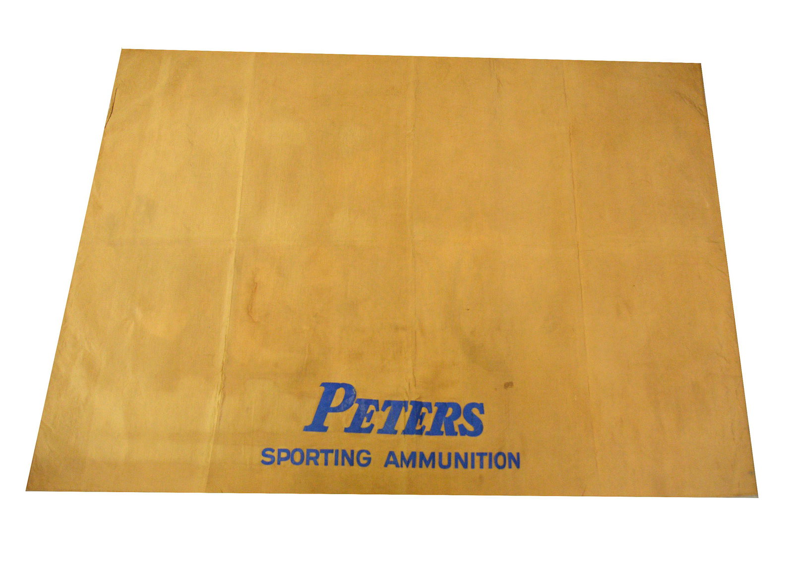 Peters Rayon Banner: Made for table cover at shows & exhibitions with blue text reading Peters Sporting Ammunition designed to hang off edge of table on tan ground, 62 x 44”. Condition some short tears, still Very G