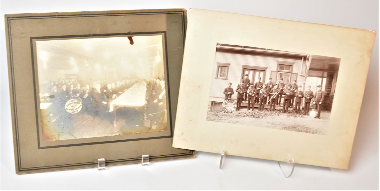 Kings Mills Band Photos: Lot of two including an anonymous albumen mounted on card stock showing 14 member of the band in uniform with instruments with base drum at left marked King’s Mills Cornet Band, 9 ½ x 6” on 14 x
