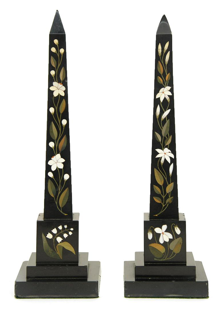 Pair Pietra Dura Obelisk: Italian 19th century with one face inlaid with vining flowers and leaves, black slate ground 3½” square x 12” high. Condition tiny flakes at margins, still Very Good.