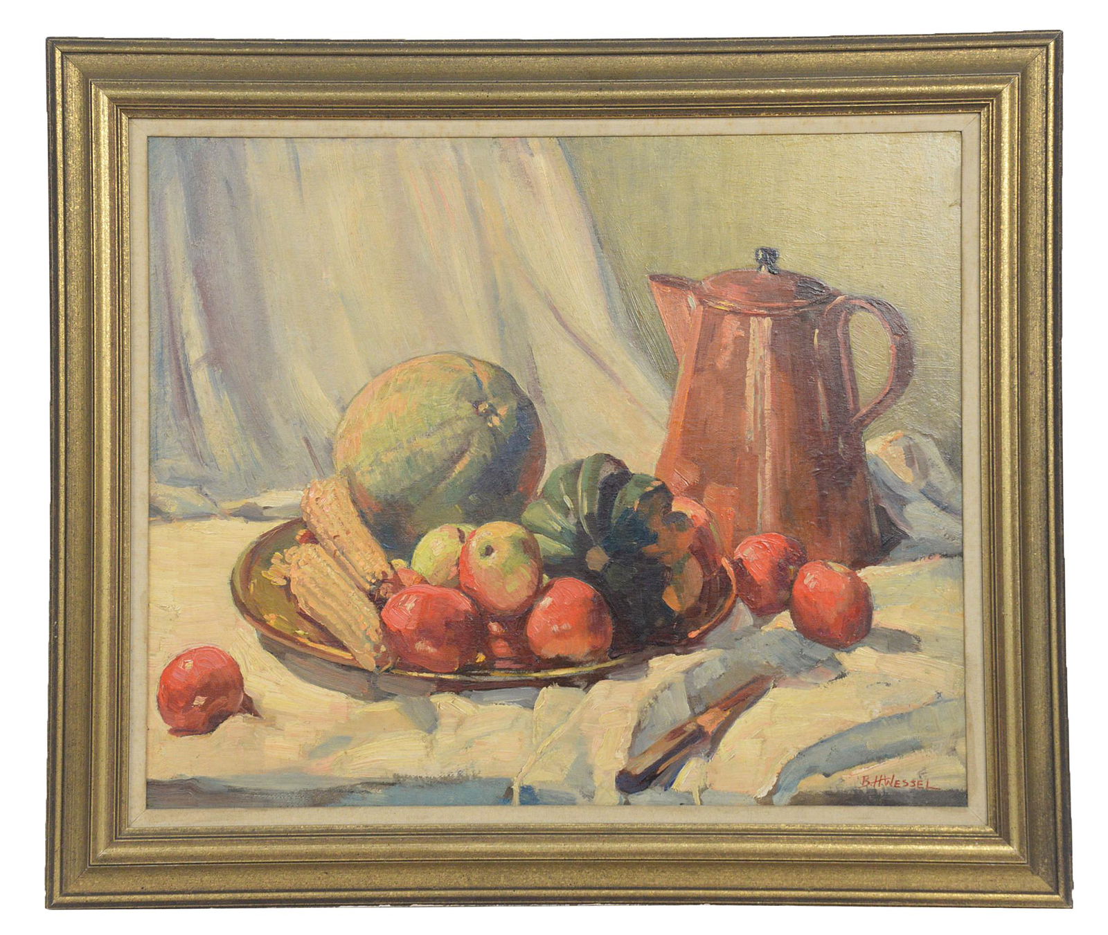 Bessie H. Wessel Oil Still Life: Bessie Hoover Wessel Indiana, & Ohio, (1889-1973) student of Frank Duveneck, oil on panel entitled Still Life with Copper Coffee Pot, signed lower right B.H. Wessel, 30 x 25” in original gilt frame