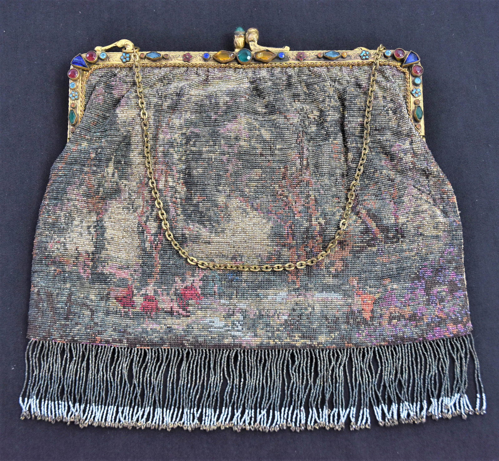 Edwardian Beaded Handbag: Polychrome beads with landscape pattern, mounts with jewels, 9 x 9" less chain. Condition Fine.