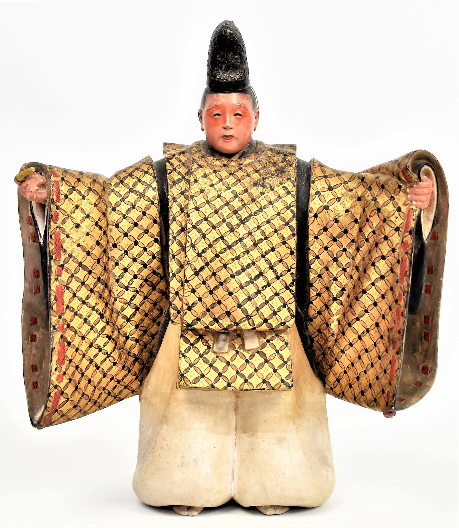 Polychrome Paint Shinto Priest Carving: Edo period, carved wood figure of Shinto priest with arms outstretched in gilt and while robe, 11 ½ x 5 x 14” high. Condition paint and gilt circa 98%, one finger on right hand restored, Very Good.