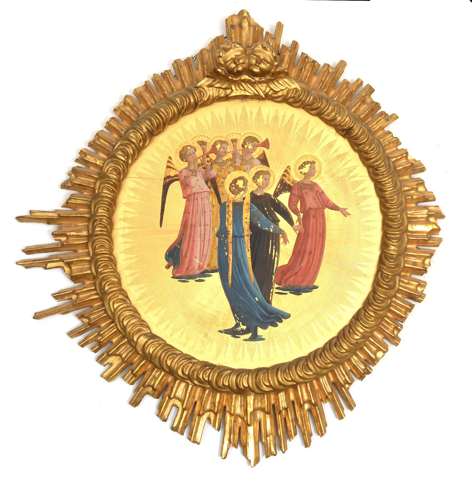 Medieval Style Painting: Circular on wood panel with scene of the Annunciation in original carved and gilt frame, circa early 19th century, circa 20" diameter. Condition some paint loss on heads and damage to frame.