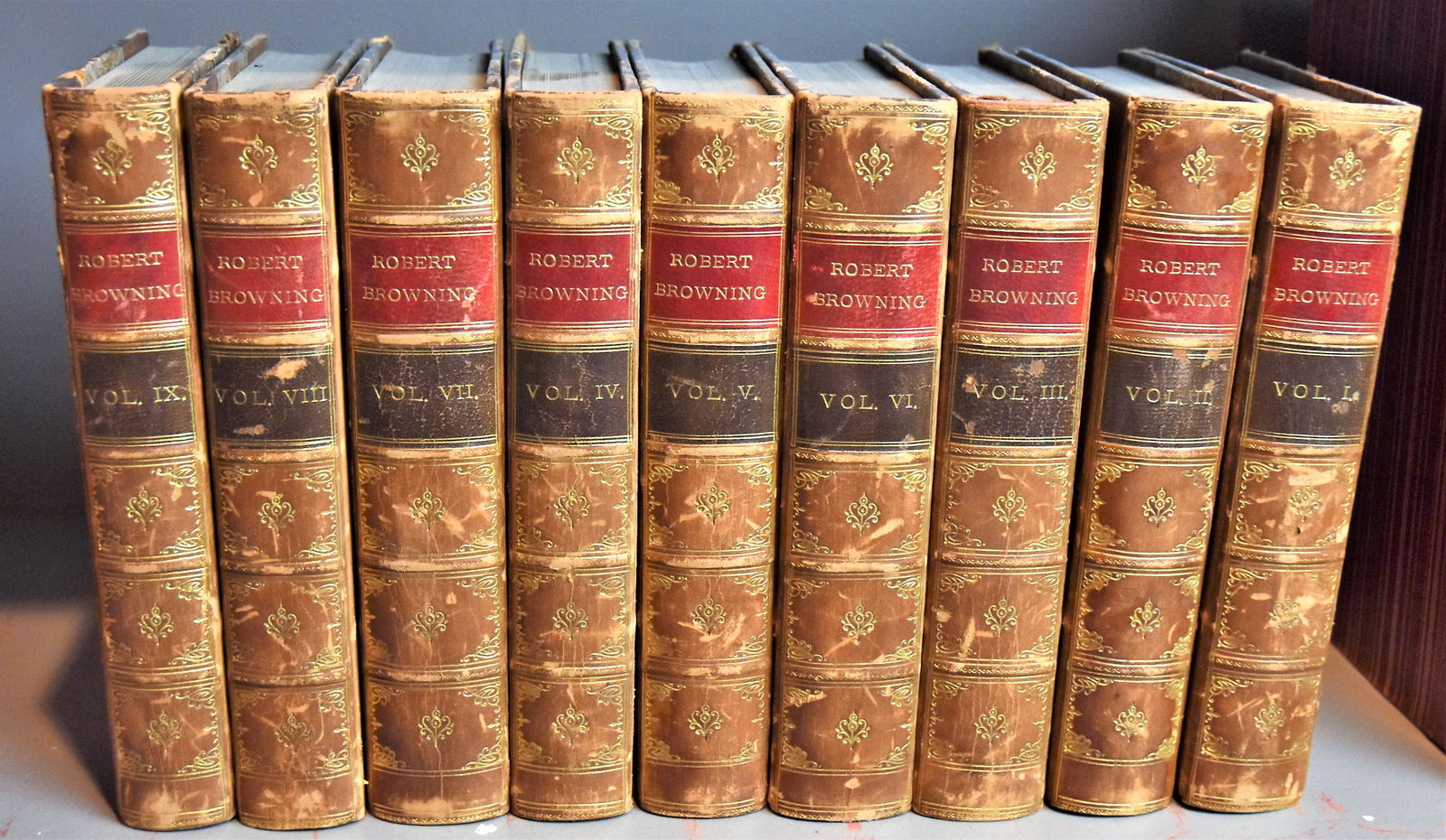 Robert Browning's Works: Nine 8vo volumes in brown half calf with marbled boards, end papers and paste down with gilt top edge, 1894 N.Y.C., Macmillan & Co. Condition Fine.