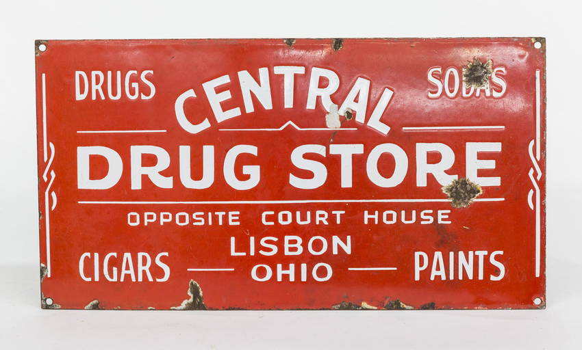 Porcelain Enameled Lisbon Oh. Drug Store Sign