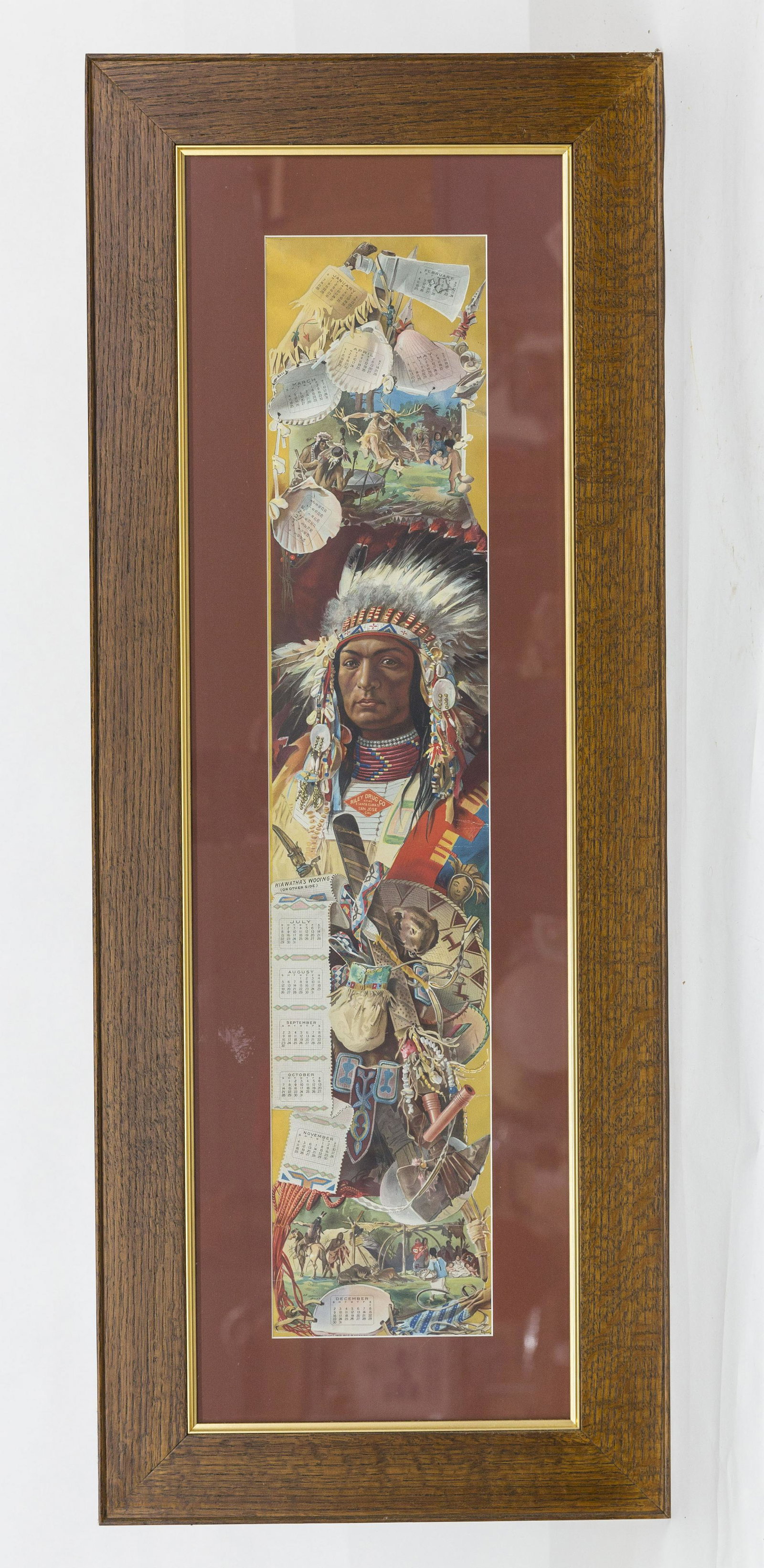 Riley Drug Co. 1905 Chromolithographed Calendar: With Plains Native American theme, marked lower margin Copyright 1905 By C.W. Hemming. Young native warrior in eagle feather headdress with bone breast plate with advertising on it from Riley Drug Co.