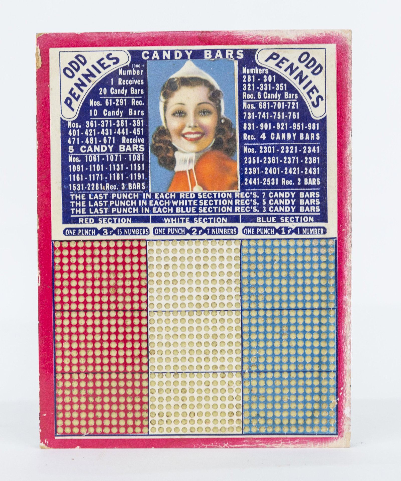 Chromolithographed Gaming Punch Board: Punch hole type with shoulder length portrait of young lady in winter garb titled Odd Pennies Candy Bars, 7 ¼ x 9 ¾”. While they state in text that you are playing for candy bars, 