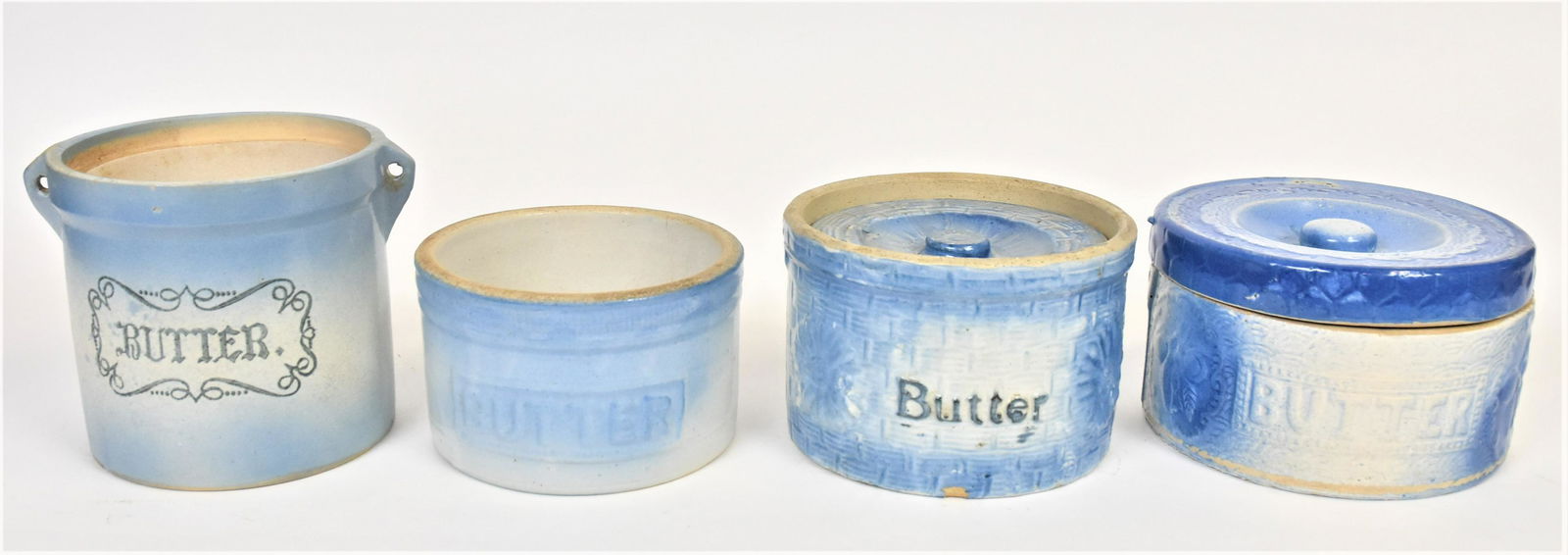Four Blue Stoneware Butter Crocks (1 of 9)