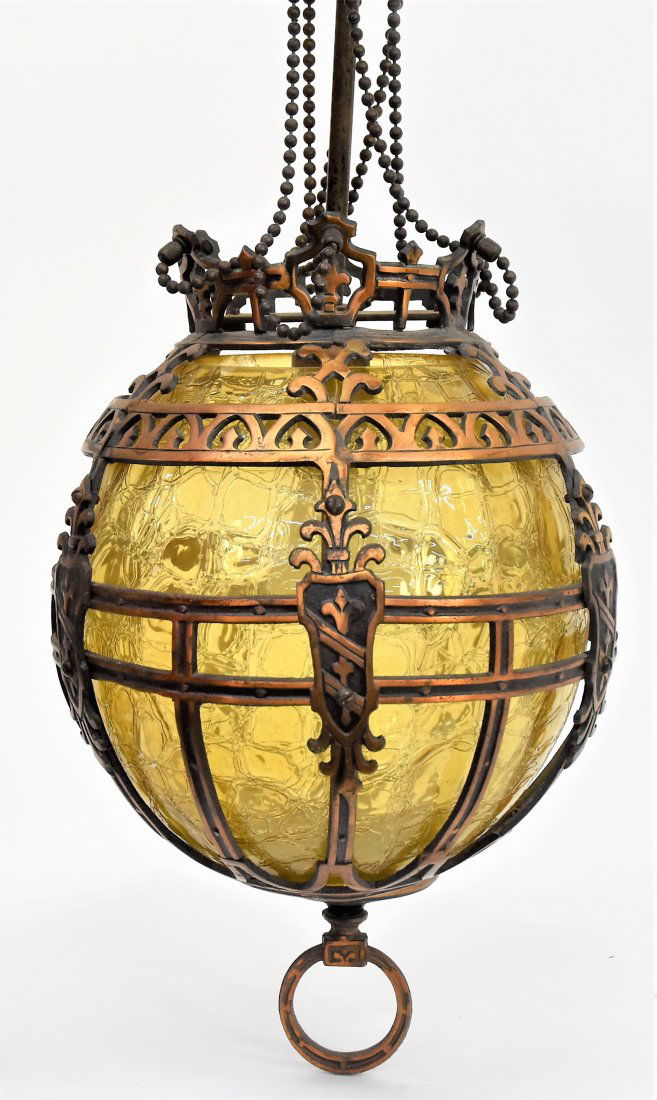 Bronze & Glass Hanging Lamp Attributed to Oscar Bach (1 of 8)