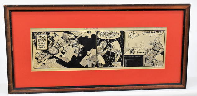 Leslie Turner Comic Art: Original ink drawing signed by Leslie Turner and titled in graphite Calling Cards, showing side gunner of bomber shotting up German airfield, matted and framed, sight 14 1/4 x 5 1/4", frame, 22 x 11"