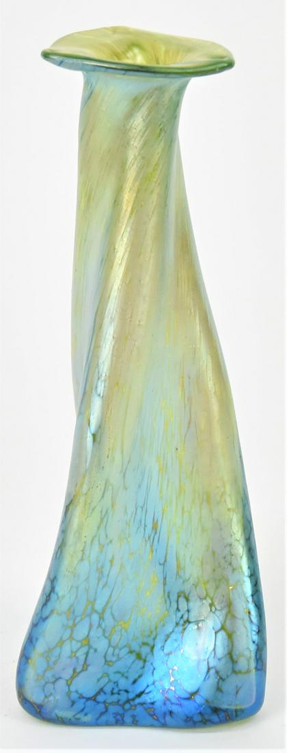 Loetz Merkur Twist Art Glass Vase: Green iridescent with pulled tri-con rim ,ground & polished pontil, 2 1/2" diameter x 7 1/8" high. Condition Fine.