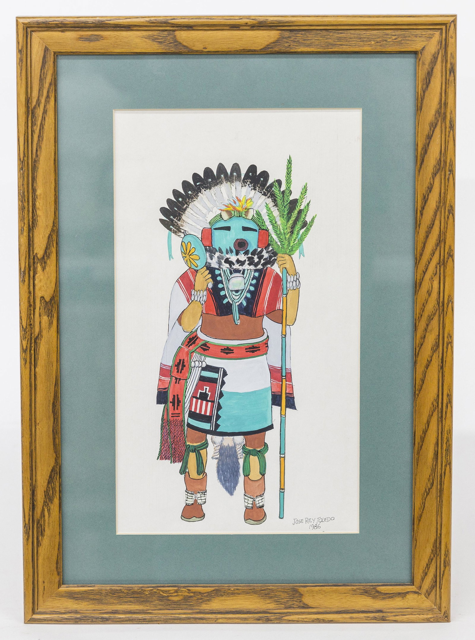 Watercolor by Jose Rey Toledo: Jemez Pueblo artist (1915-1994) with works by her in the Smithsonian's permanent collections. Portrait of a dancer in ceremonial Katsina costume, signed and dated lower right 1986, sight 8 x 141/2", m