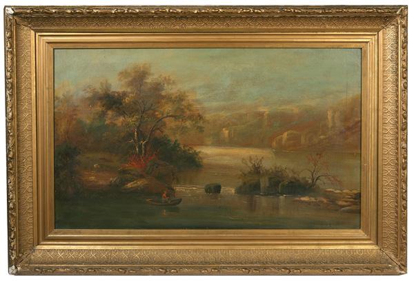 HUDSON RIVER SCHOOL LANDSCAPE OIL PAINTING: 19th Century Hudson River School 22" x 36" oil on canvas landscape painting with fisherman. In original gold frame. Few chips to frame, painting in good condition.