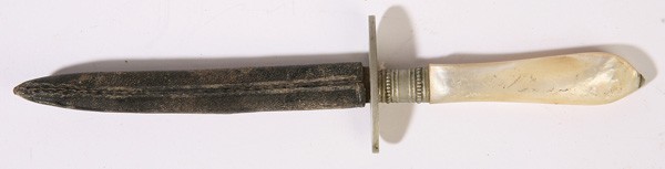 PEARL HANDLED SHEFFIELD DAGGER IN SHEATH: Marked on ricasso "Ebro A. Williams Sheffield England" with 4" double edged tapered blade nickel guard and collar pearl grip with cap stand rivet. Total length 7.25" with original black leather sheath
