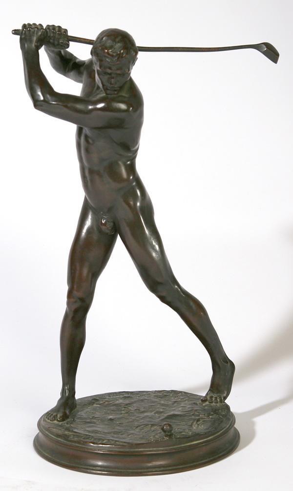 ADOLPH ALEXANDER WEINMAN (NEW YORK) BRONZE: Adolph Alexander Weinman (New York, 1870-1952) 17 1/2" bronze sculpture of "The Nude Golfer", 1901, signed and dated on base "A.A. Weinman, Fecit, MCMI", also numbered on bottom of base N14. Adolph We