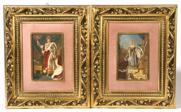 PR. OF PAINTINGS ON IVORY OF NAPOLEON & JOSEPHINE: Pair of very well done 5 1/4" x 3 1/2" paintings on ivory of Napoleon and Josephine at their coronation. Napoleon in ornate red velvet dress trimmed in ermin and gold. Artist signed lower left "Arolis