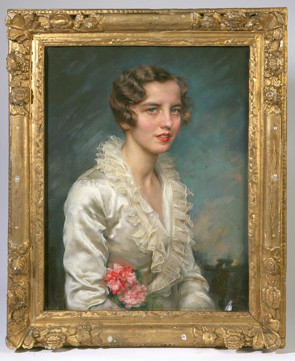 THERESE MARIE GERALDY (FRENCH) PASTEL PAINTING: Therese Marie Geraldy (French, 1886--) 25 1/2" x 19 1/2" pastel on paper laid on canvas of Helen Templeton Pogue. Inscribed on back "Helen Templeton Pogue, Age 17 Years, Paris, 1930". Well listed arti