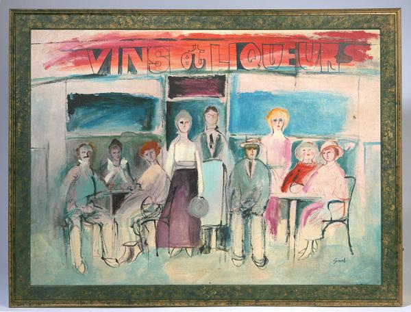 JEAN SARDI (FRANCE) ATTRIBUTION OIL PAINTING: Jean Sardi (France, 1947) attribution 32" x 42 1/2" oil on masonite of Paris café scene. Signed lower right "Sardi". Karl Mann Associates, New York label on verso. Well listed artist. Good condition.