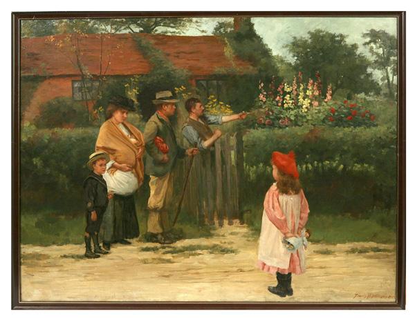 FRANCIS H. WILLIAMS (BRITISH) OIL PAINTING: Francis H. Williams (British) 28" x 36" oil on canvas of young girl with doll greeting newcomers. Signed lower right "Francis H. Williams" and dated 1902. Also monogrammed and dated 1902 on verso. Wel