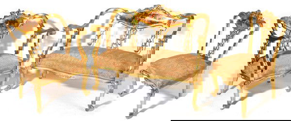 VERNIS MARTIN STYLE GOLD 3-PC. LOVESEAT SET: Circa 1880 loveseat, arm chair and side chair each hand painted with 18th Century country scenes, carved crests and open carvings. Loveseat 44" w x 34" h. Some loss in painted scenes, otherwise very g