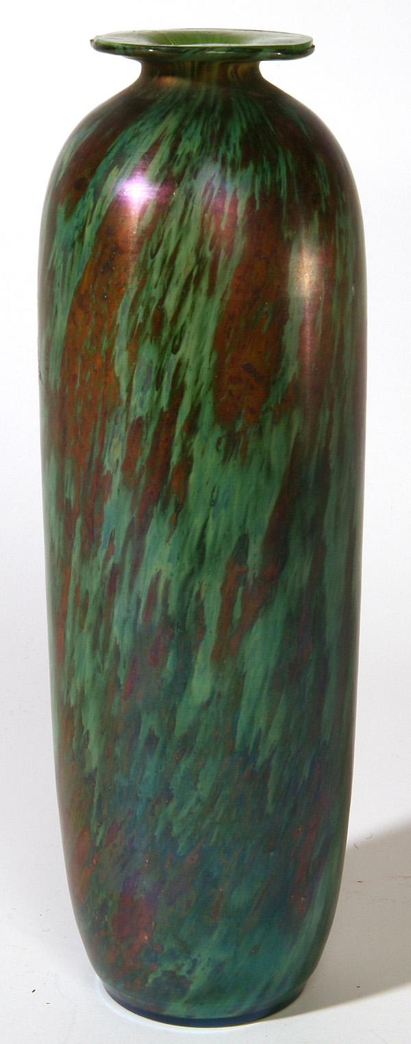 LOETZ TYPE ART GLASS VASE: A lovely piece with green body streaked with earth tones with ground glass pontil, 12" high.