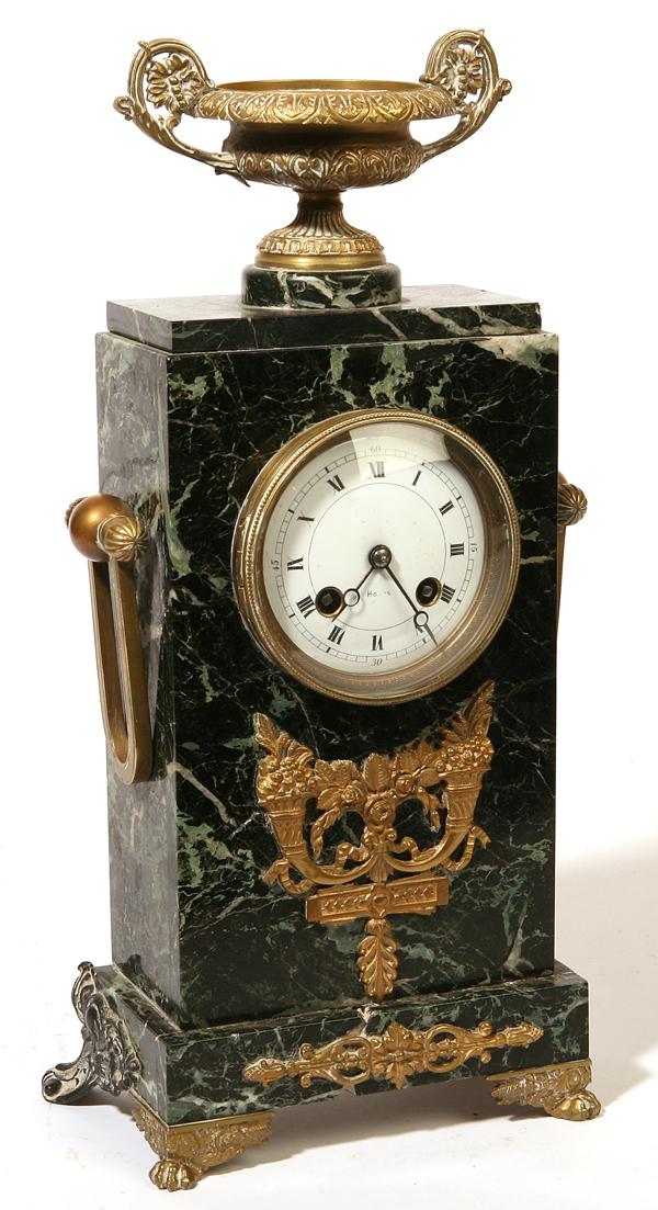 FRENCH ORMOLU MOUNTED GREEN MARBLE CLOCK: Signed on porcelain dial and works "Horlogerie Paris" and numbered "1094" with brass 8-day time and strike works. 4.5" x 7.5" x 16" high.