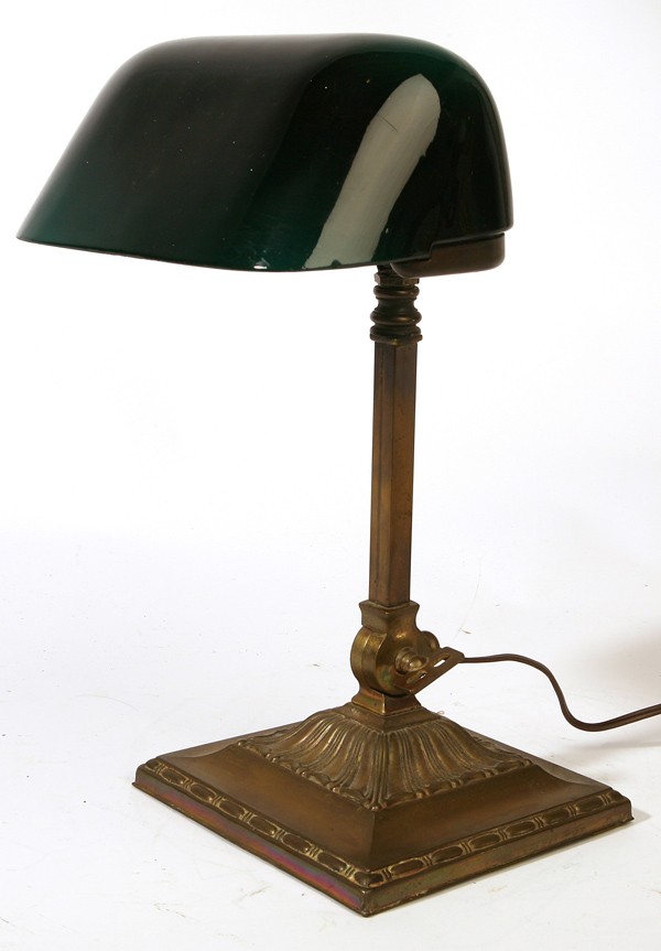 EMERALITE DESK LAMP W/GREEN CASED SHADE: Fine condition. 14" h. 8 1/2" Shade.