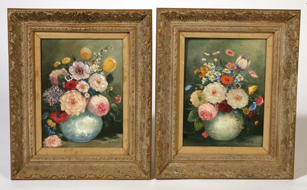 TWO MARGARET A. RICE (WASHINGTON) OIL PAINTINGS: Two Margaret A. Rice (Washington, 1901--) both 13" x 10", one oil on board and one oil on canvas still life paintings. Signed "M. Rice" lower right. Listed artist. Good condition.