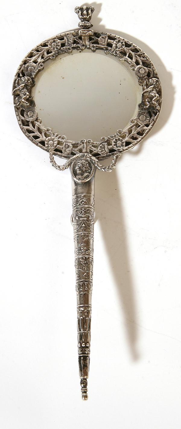 ORNATE LADIES SILVER HAND MIRROR: Decorated with chase Roman motifs, hallmark on side, 10.25" long.