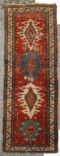 ANTIQUE ORIENTAL RUNNER: Wear. Geometric. Caucasian. 124" x 46"