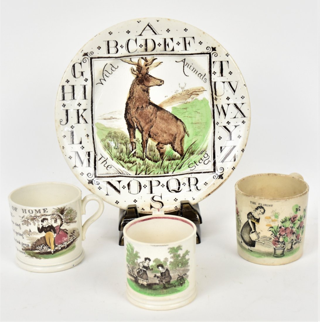 Staffordshire Childrens Pieces: Lot of four including an ABC plate with Stag, marked BP Co., 8 1/8" diameter; and three childs mugs, 2 1/2 & 3" diameter x 3", 2 3/4" & 25/8" high. Condition VG.
