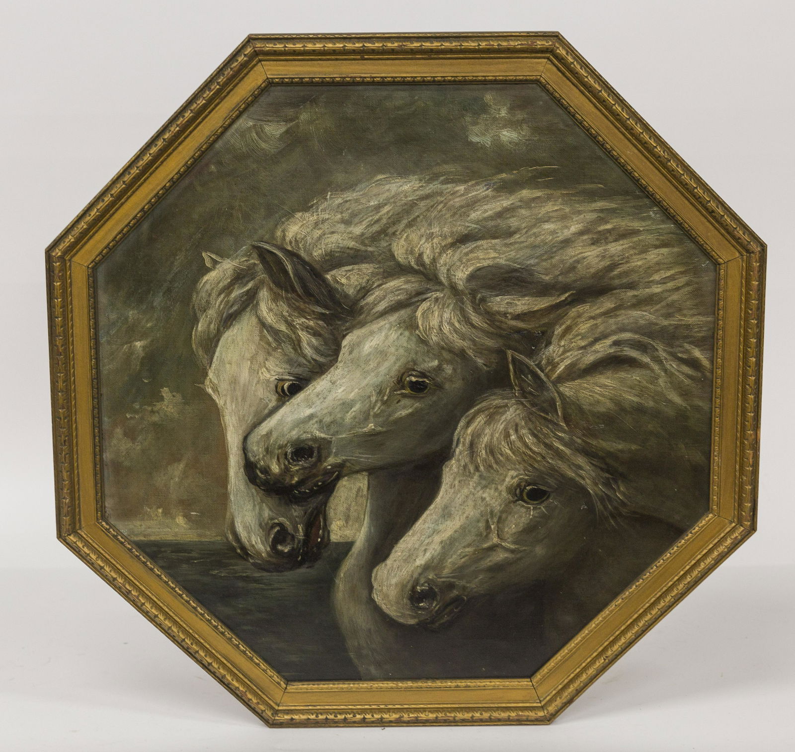 Pharaohs Horses Oil Painting: Late 19th century Oil on canvas of horses after John Frederick Herring, Sr, in gold frame, 24 1/4" diameter. Condition VG.