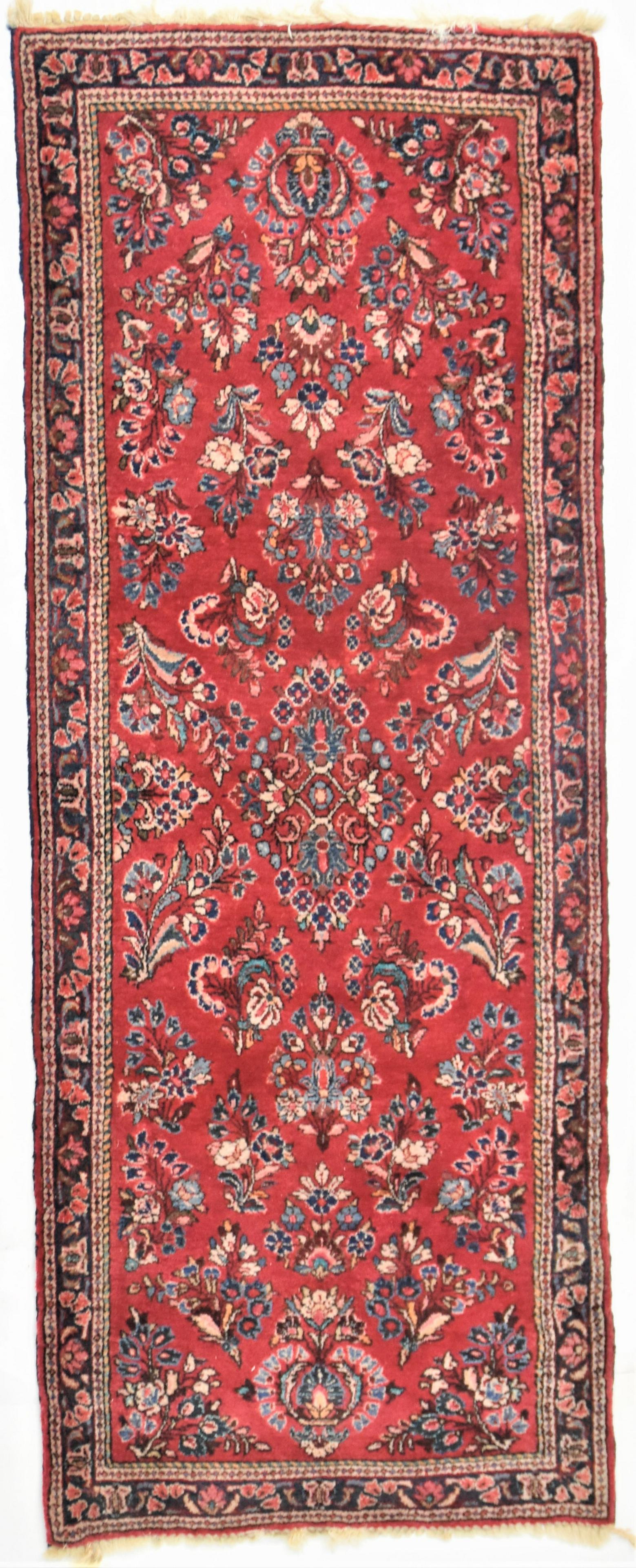 Persian Runner: Hand woven with floral pattern, 30 x 78". Condition VG.