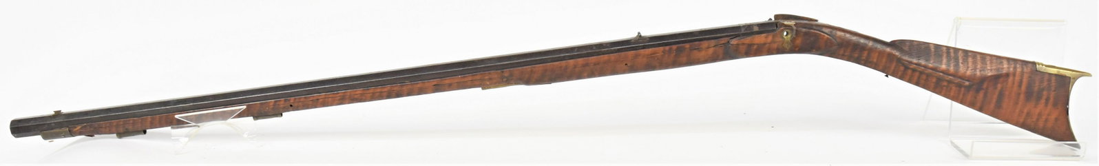 Curly Maple Full Stock Long Rifle: Unmarked 36" long octagonal steel rifled percussion barrel, circa .38 caliber with front and rear sights, missing lick and trigger/guard and ram rod, brass butt plat and ram rod sleeves and end cap, t