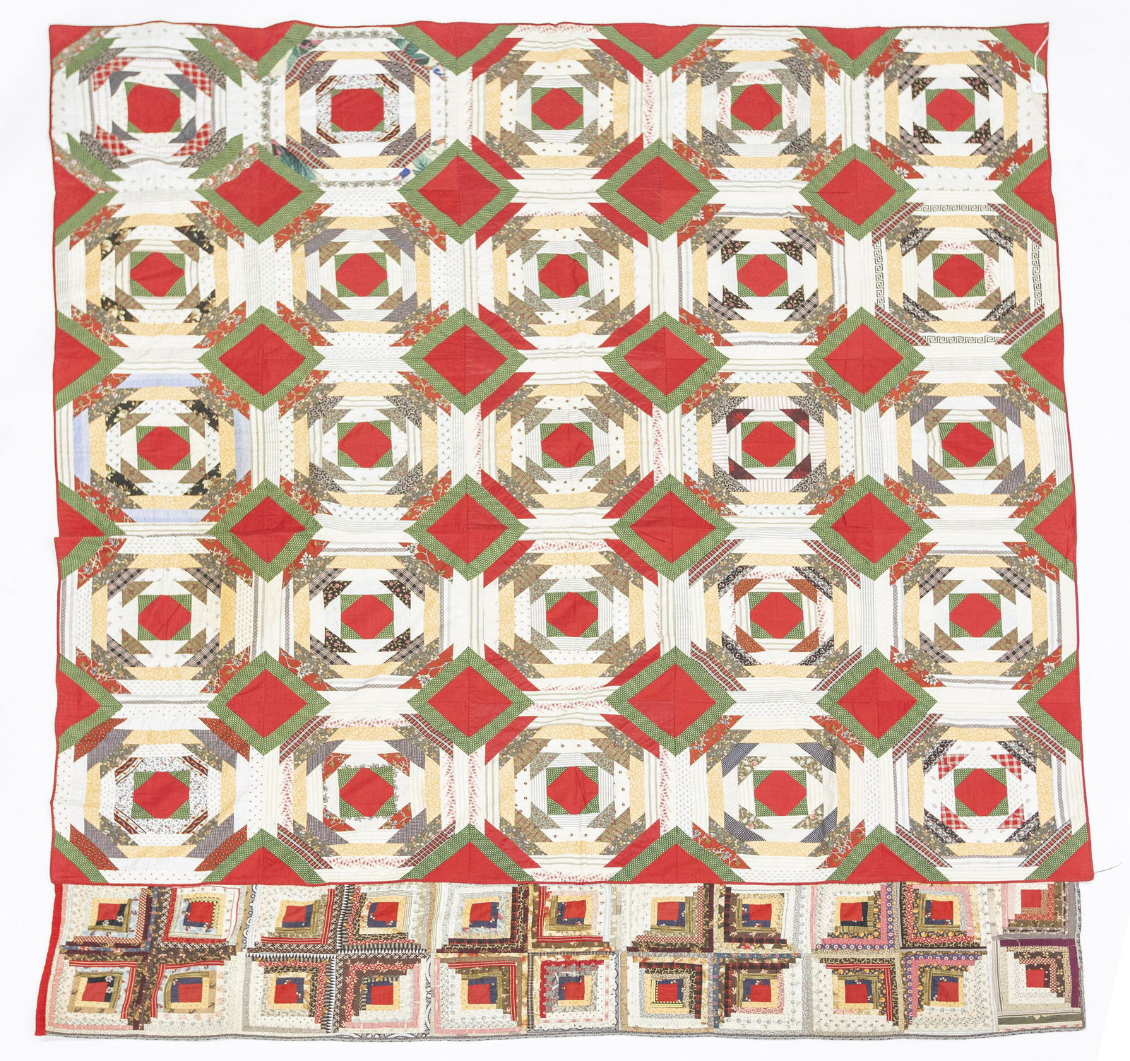 Fine Log Cabin Quilt: Circa 1870 in various cotton calico prints and solids, all hand quilted, from Boston Mass. Estate, appears to have never been used, 74 x 83 1/4". Condition Fine.
