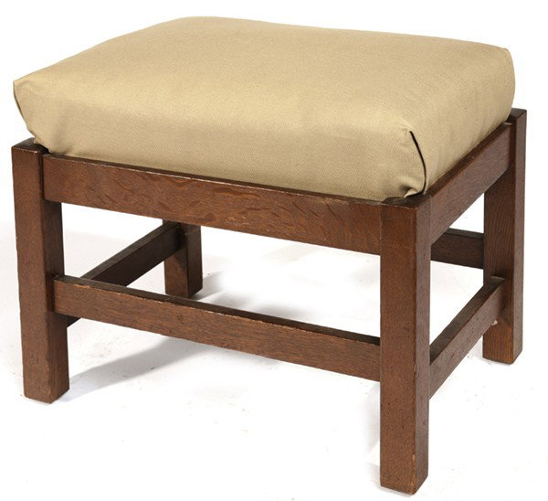 L. & J.G. STICKLEY FOOTSTOOL #397: With cross stretchers; excellent original red brown finish. Signed with "Work of" decal. Very good condition. 16" H x 20" W x 14" D.